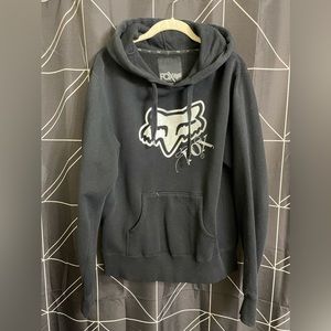 Vintage 2008 black Fox hoodie with silver logo features.